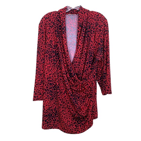 Susan Graver Womens XL Liquid Knit Blouse Animal Print Faux Wrap 3/4 Sleeve Red - Picture 1 of 11